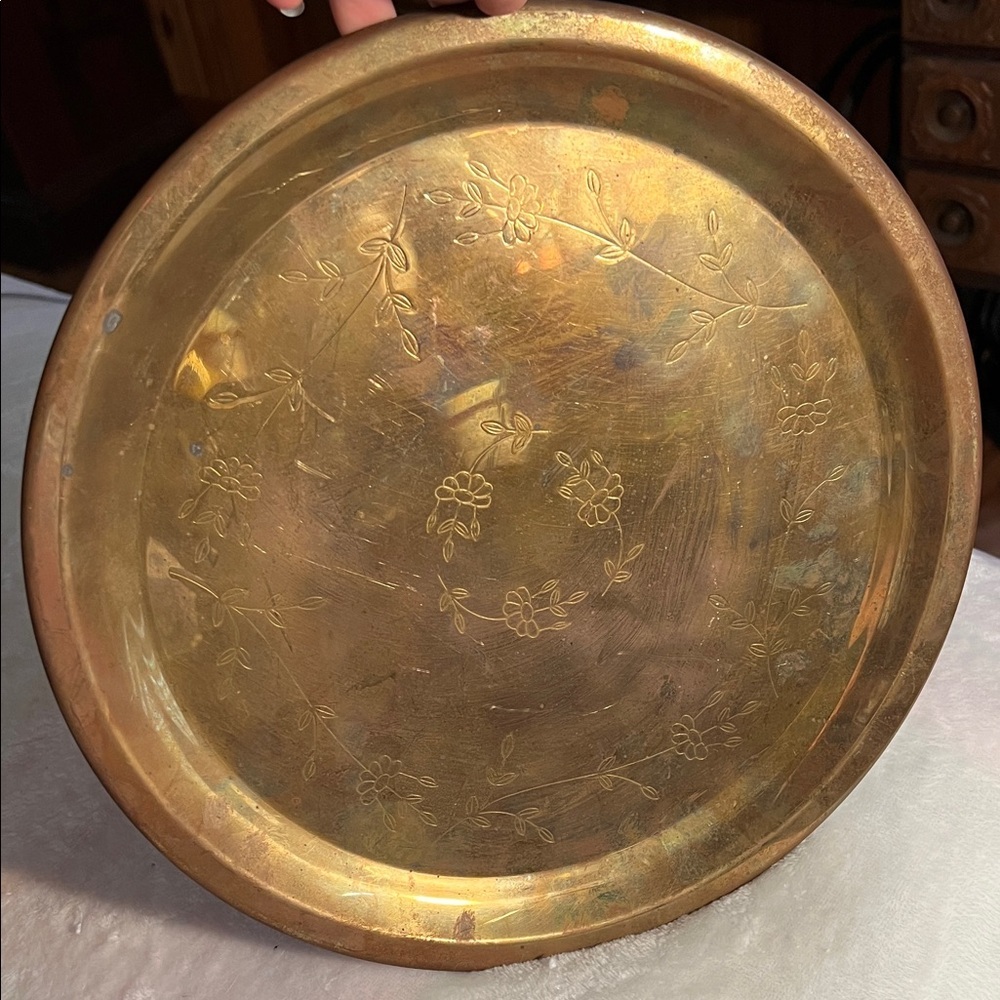 Vintage Princess House Heritage 12" Round Brass Serving Tray Floral Etching
